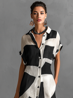 Cotton-Linen Blend Geometric Print Short-Sleeved Maxi Shirt Dress for Women