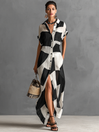 Cotton-Linen Blend Geometric Print Short-Sleeved Maxi Shirt Dress for Women
