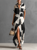 Cotton-Linen Blend Geometric Print Short-Sleeved Maxi Shirt Dress for Women