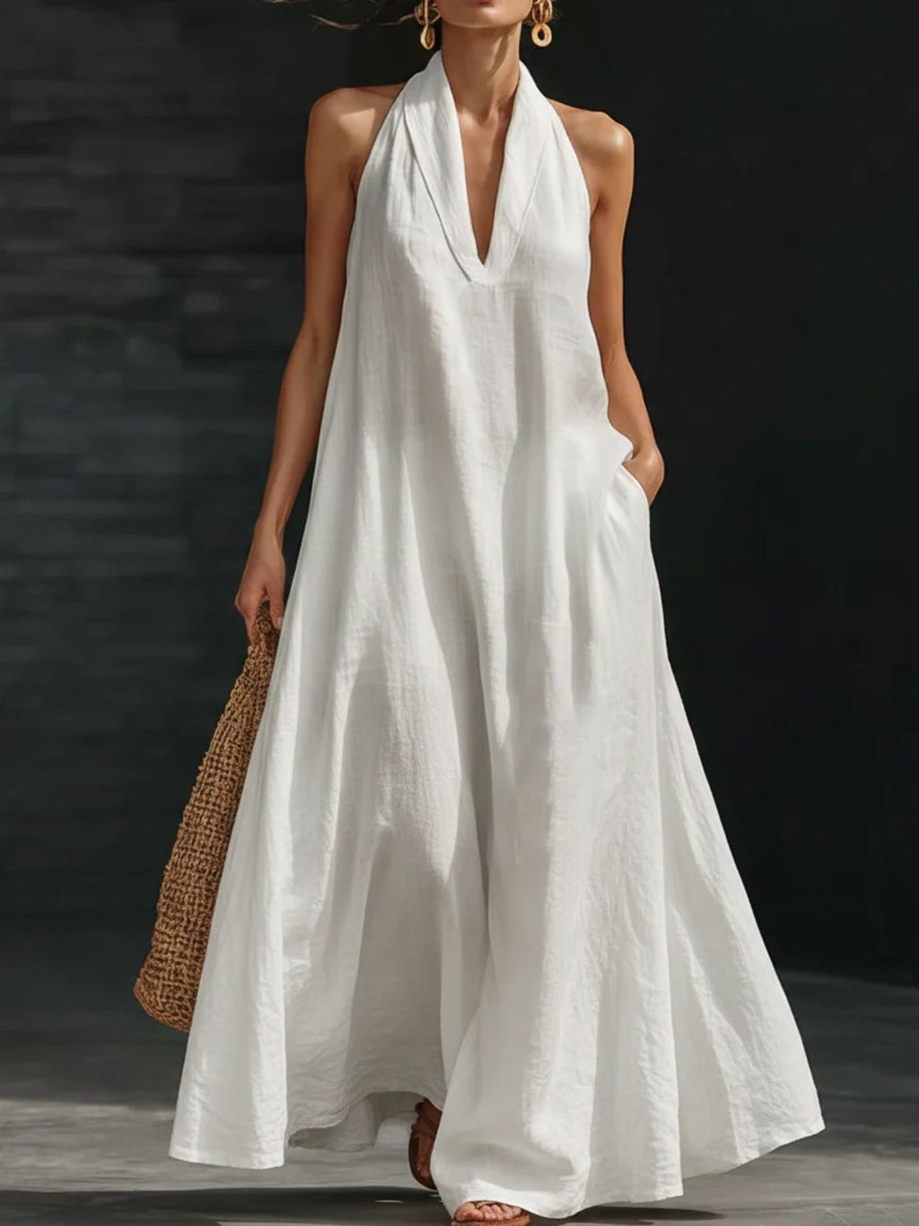 Cotton Linen Maxi Shirt Dress for Women - Pocketed Button-Front Summer Style