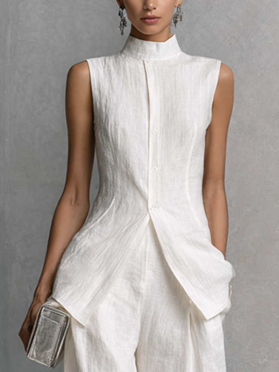 Cotton Linen Sleeveless Top and Wide-Leg Pants Set for Women - Minimalist Outfit