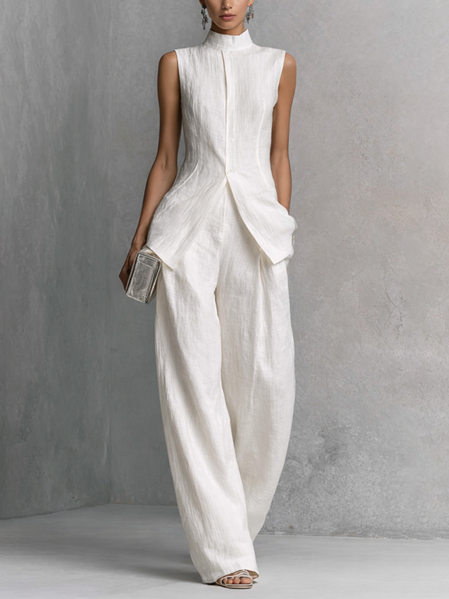 Cotton Linen Sleeveless Top and Wide-Leg Pants Set for Women - Minimalist Outfit