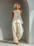 Cream Two-Piece Set - Semi-Sheer Chiffon Top & Cotton-Linen Wide-Leg Trousers