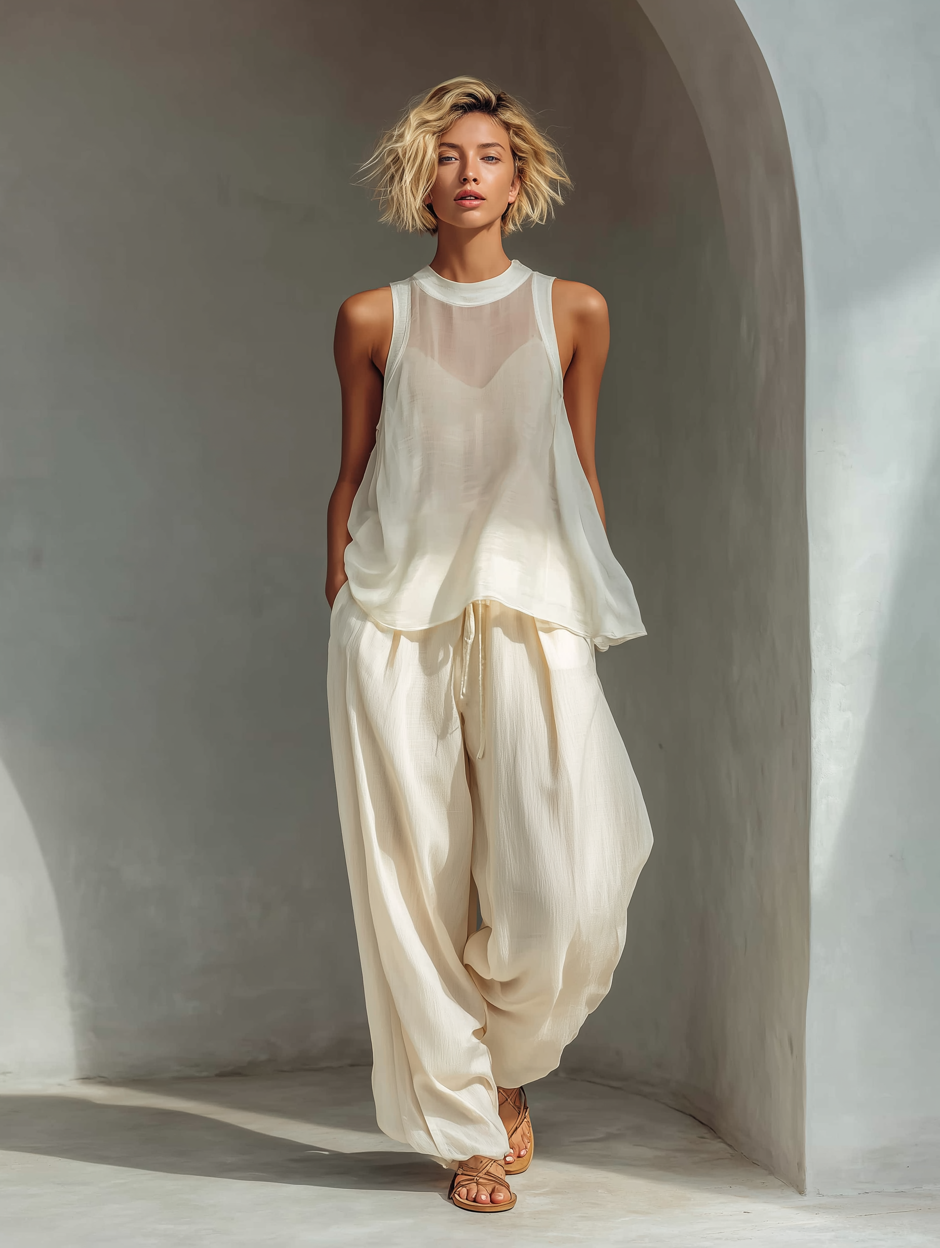 Cream Two-Piece Set - Semi-Sheer Chiffon Top & Cotton-Linen Wide-Leg Trousers