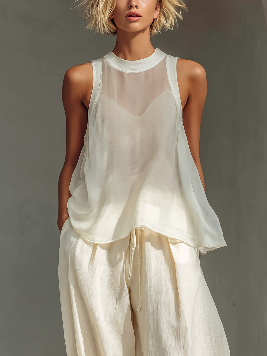 Cream Two-Piece Set - Semi-Sheer Chiffon Top & Cotton-Linen Wide-Leg Trousers