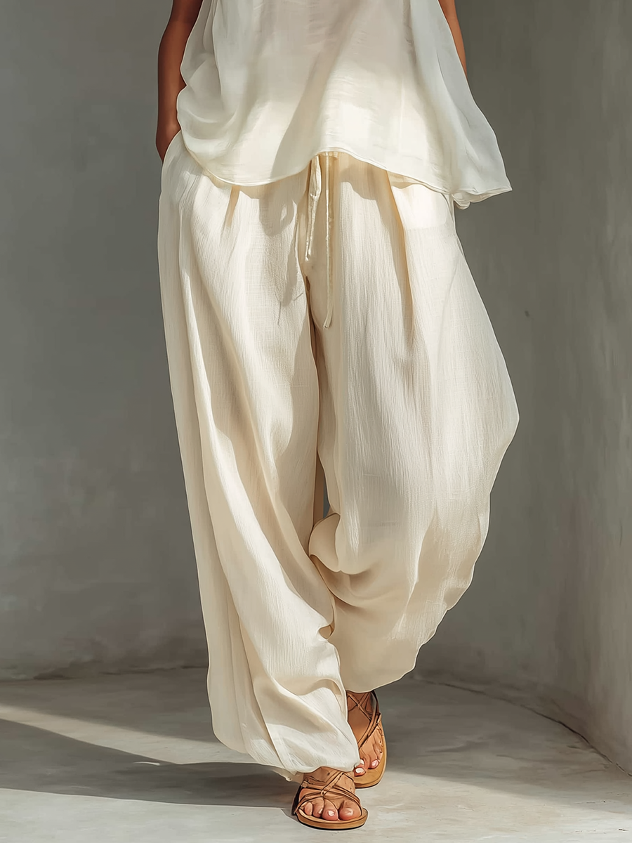 Cream Two-Piece Set - Semi-Sheer Chiffon Top & Cotton-Linen Wide-Leg Trousers