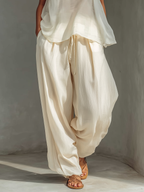 Cream Two-Piece Set - Semi-Sheer Chiffon Top & Cotton-Linen Wide-Leg Trousers