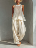 Cream Two-Piece Set - Semi-Sheer Chiffon Top & Cotton-Linen Wide-Leg Trousers