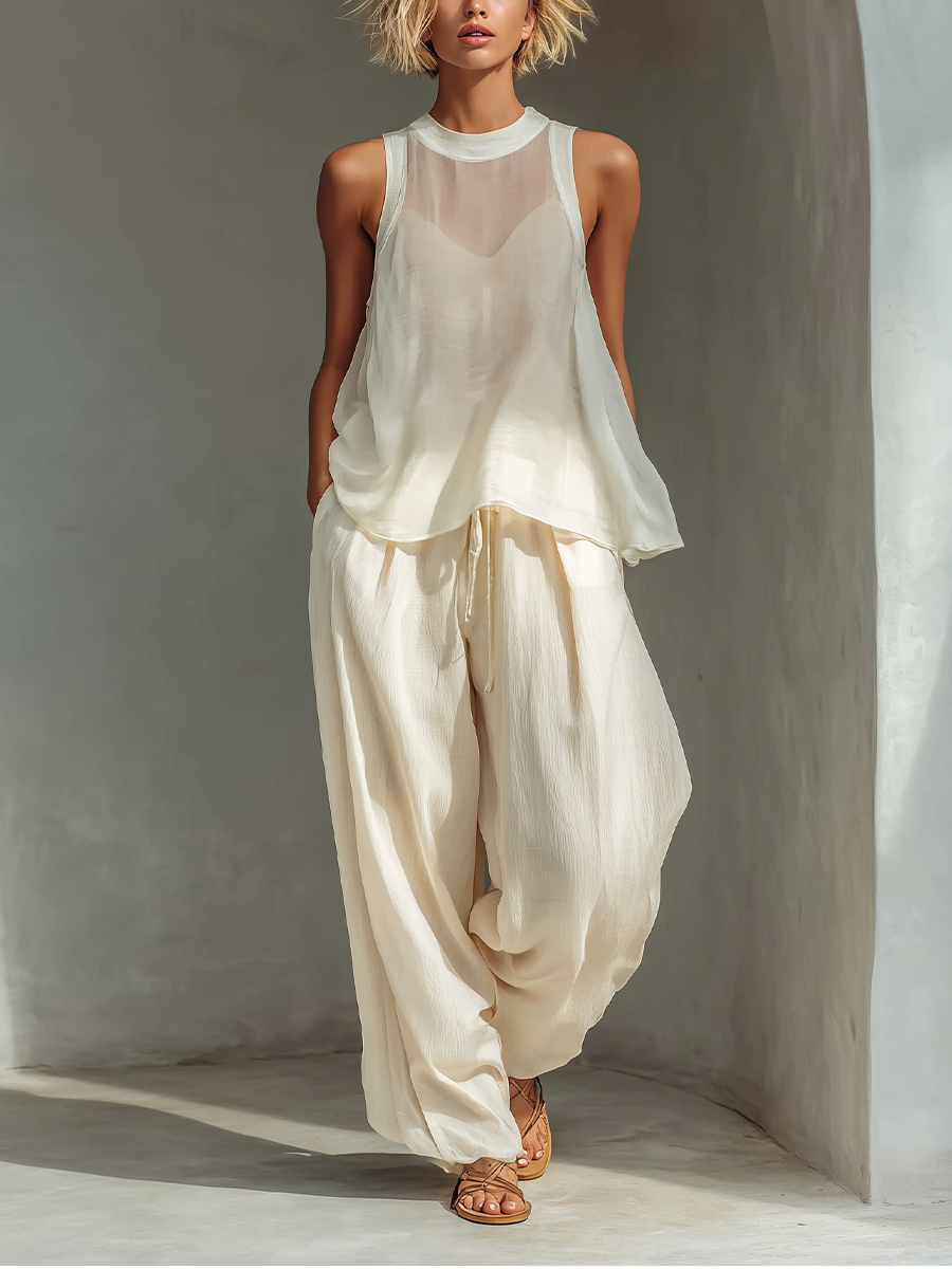 Cream Two-Piece Set - Semi-Sheer Chiffon Top & Cotton-Linen Wide-Leg Trousers