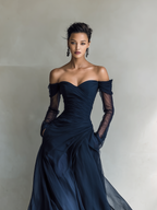 Dark Blue Chiffon Off-Shoulder Long Sleeve Fitted Maxi Dress for Women