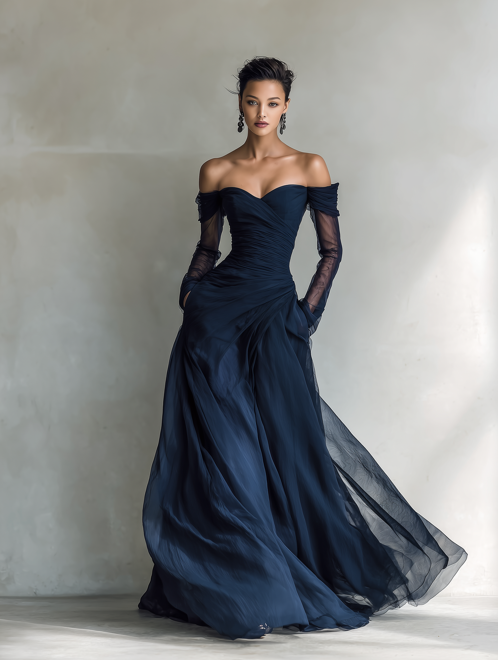 Dark Blue Chiffon Off-Shoulder Long Sleeve Fitted Maxi Dress for Women