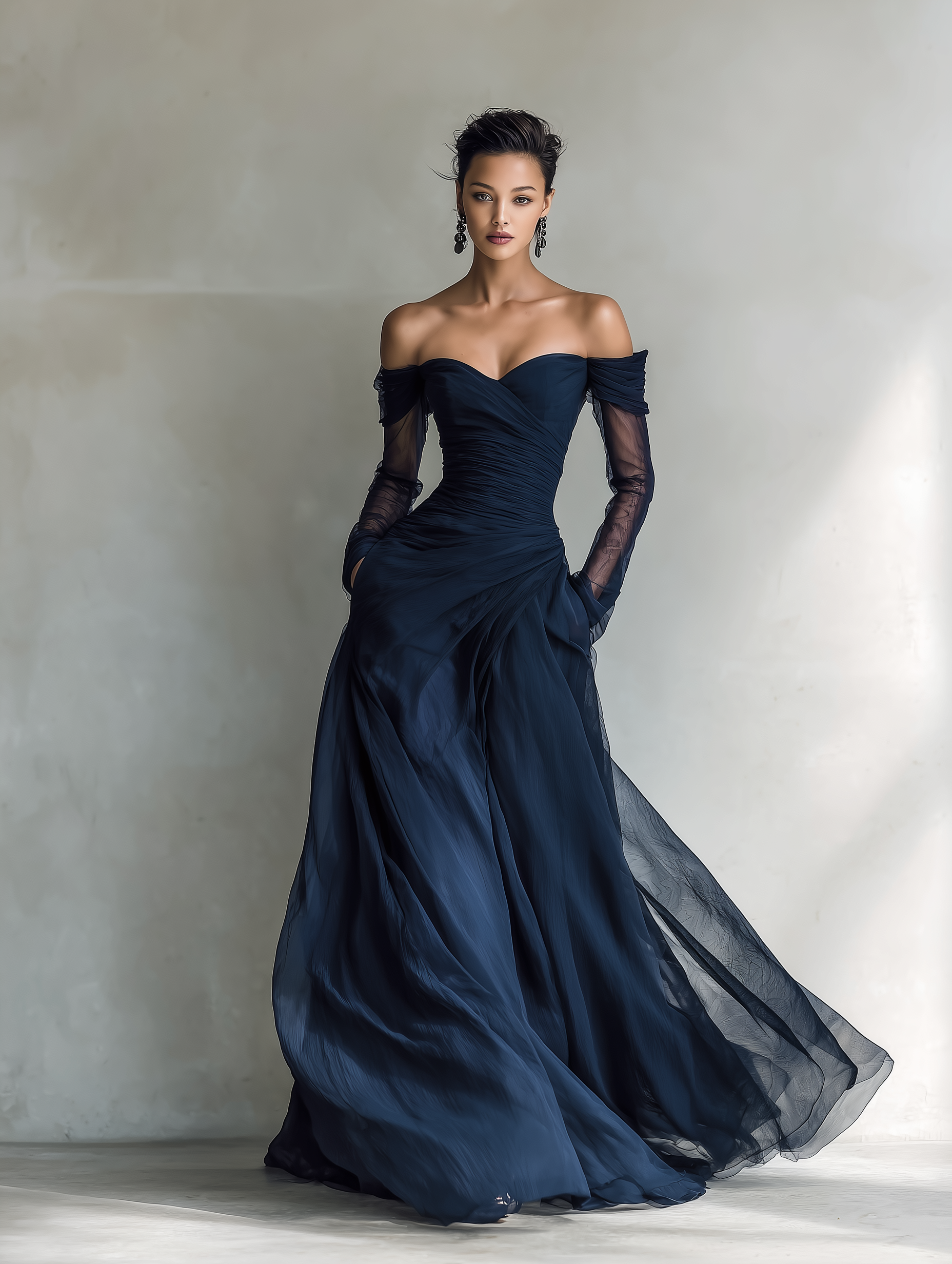 Dark Blue Chiffon Off-Shoulder Long Sleeve Fitted Maxi Dress for Women