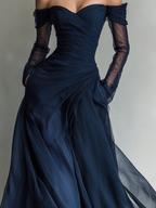 Dark Blue Chiffon Off-Shoulder Long Sleeve Fitted Maxi Dress for Women