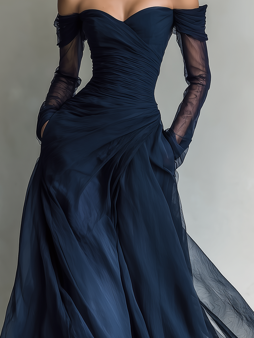 Dark Blue Chiffon Off-Shoulder Long Sleeve Fitted Maxi Dress for Women