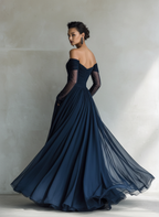 Dark Blue Chiffon Off-Shoulder Long Sleeve Fitted Maxi Dress for Women