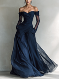 Dark Blue Chiffon Off-Shoulder Long Sleeve Fitted Maxi Dress for Women