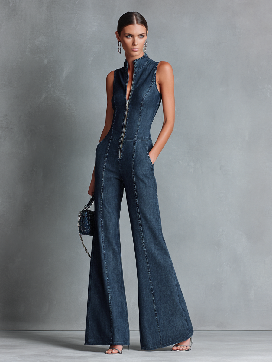 Dark Blue Denim Sleeveless High-Neck Flared Jumpsuit with Front Zipper