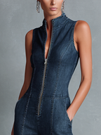 Dark Blue Denim Sleeveless High-Neck Flared Jumpsuit with Front Zipper