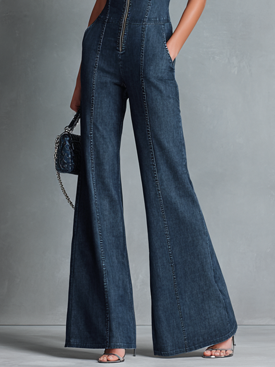 Dark Blue Denim Sleeveless High-Neck Flared Jumpsuit with Front Zipper