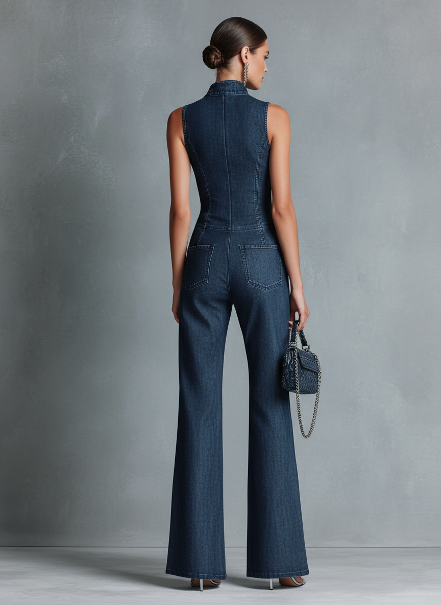 Dark Blue Denim Sleeveless High-Neck Flared Jumpsuit with Front Zipper