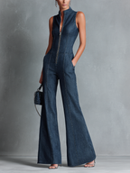 Dark Blue Denim Sleeveless High-Neck Flared Jumpsuit with Front Zipper