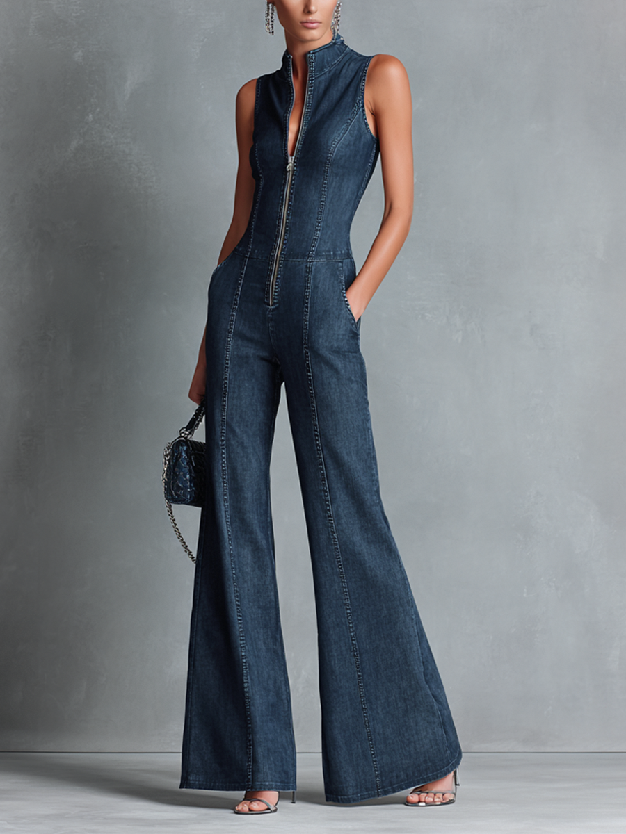 Dark Blue Denim Sleeveless High-Neck Flared Jumpsuit with Front Zipper