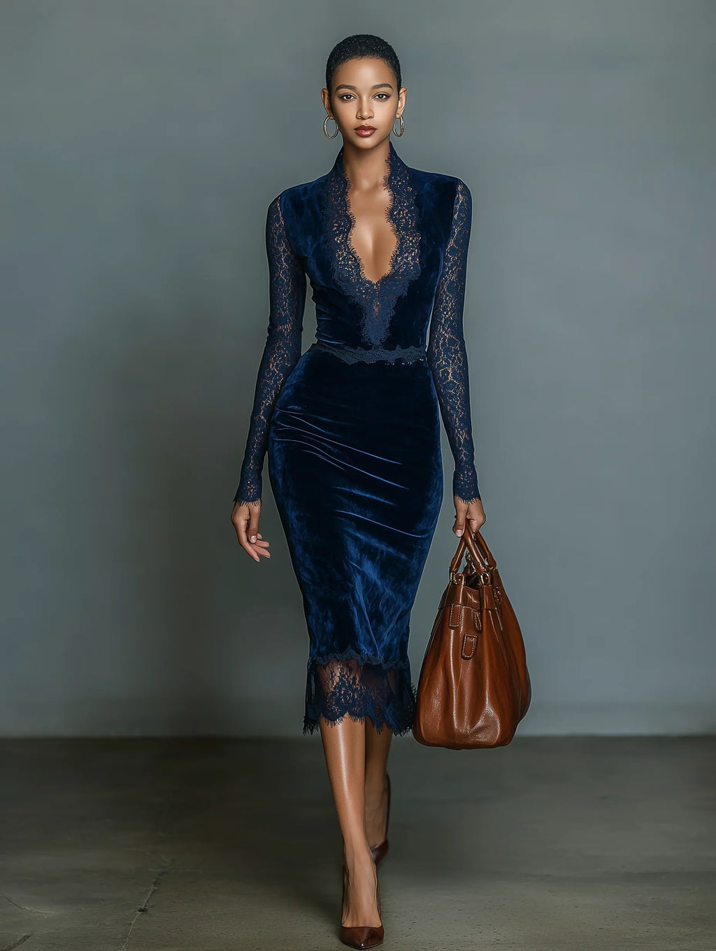 Dark Blue Velvet Midi Dress with Lace Trim - Women's Slim-Fit V-Neck Evening Wear