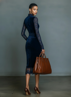 Dark Blue Velvet Midi Dress with Lace Trim - Women's Slim-Fit V-Neck Evening Wear