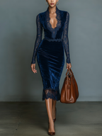 Dark Blue Velvet Midi Dress with Lace Trim - Women's Slim-Fit V-Neck Evening Wear