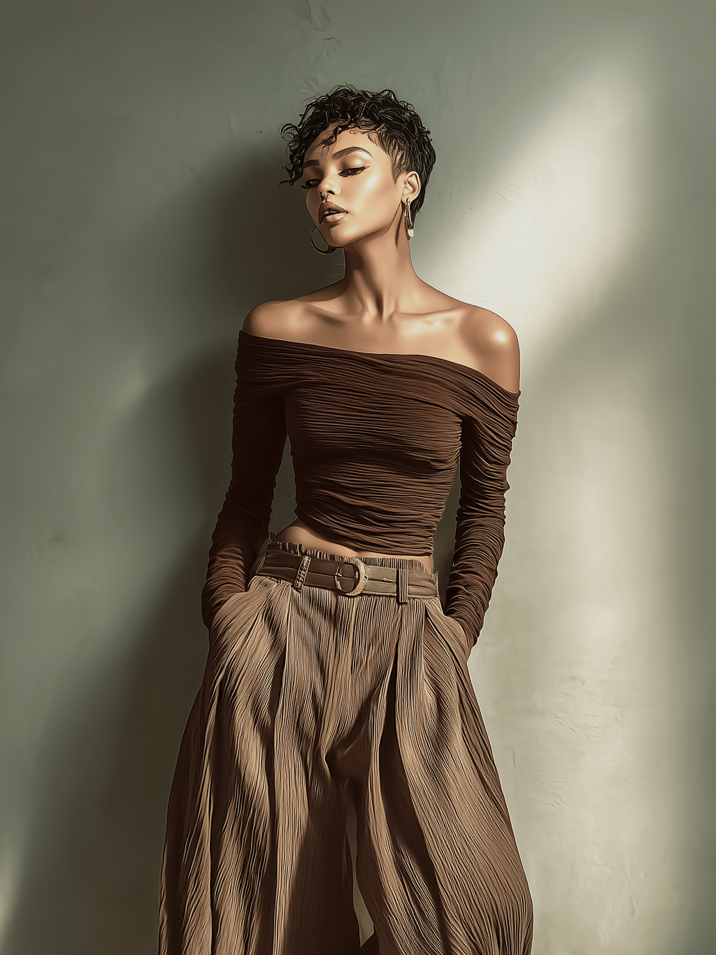 Dark Brown Off-the-Shoulder Long-Sleeved Fitted Top with Wide-Leg Trousers