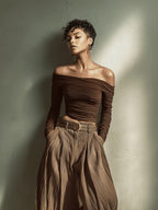 Dark Brown Off-the-Shoulder Long-Sleeved Fitted Top with Wide-Leg Trousers