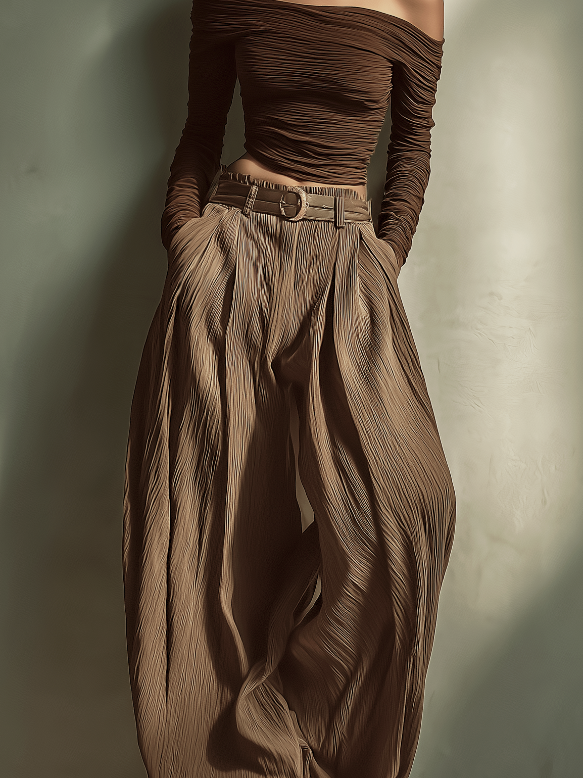 Dark Brown Off-the-Shoulder Long-Sleeved Fitted Top with Wide-Leg Trousers