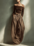 Dark Brown Off-the-Shoulder Long-Sleeved Fitted Top with Wide-Leg Trousers