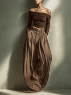Dark Brown Off-the-Shoulder Long-Sleeved Fitted Top with Wide-Leg Trousers