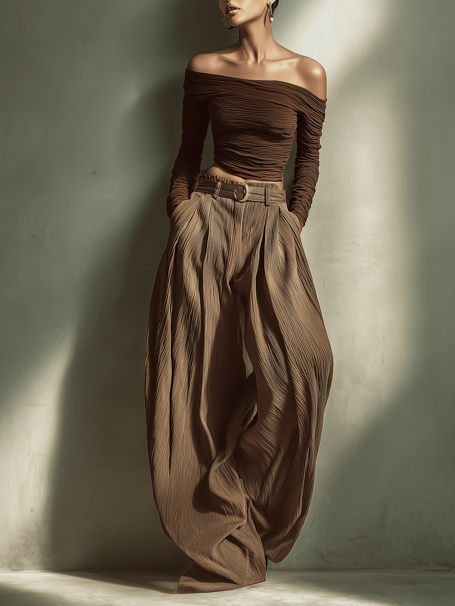 Dark Brown Off-the-Shoulder Long-Sleeved Fitted Top with Wide-Leg Trousers
