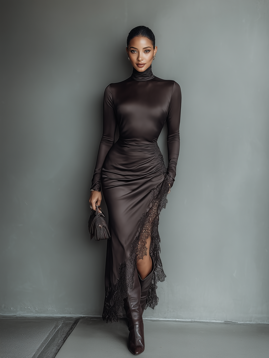 Dark Brown Satin Maxi Dress with Irregular Hem and Lace Details for Women
