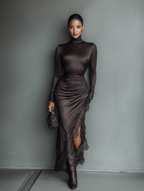 Dark Brown Satin Maxi Dress with Irregular Hem and Lace Details for Women