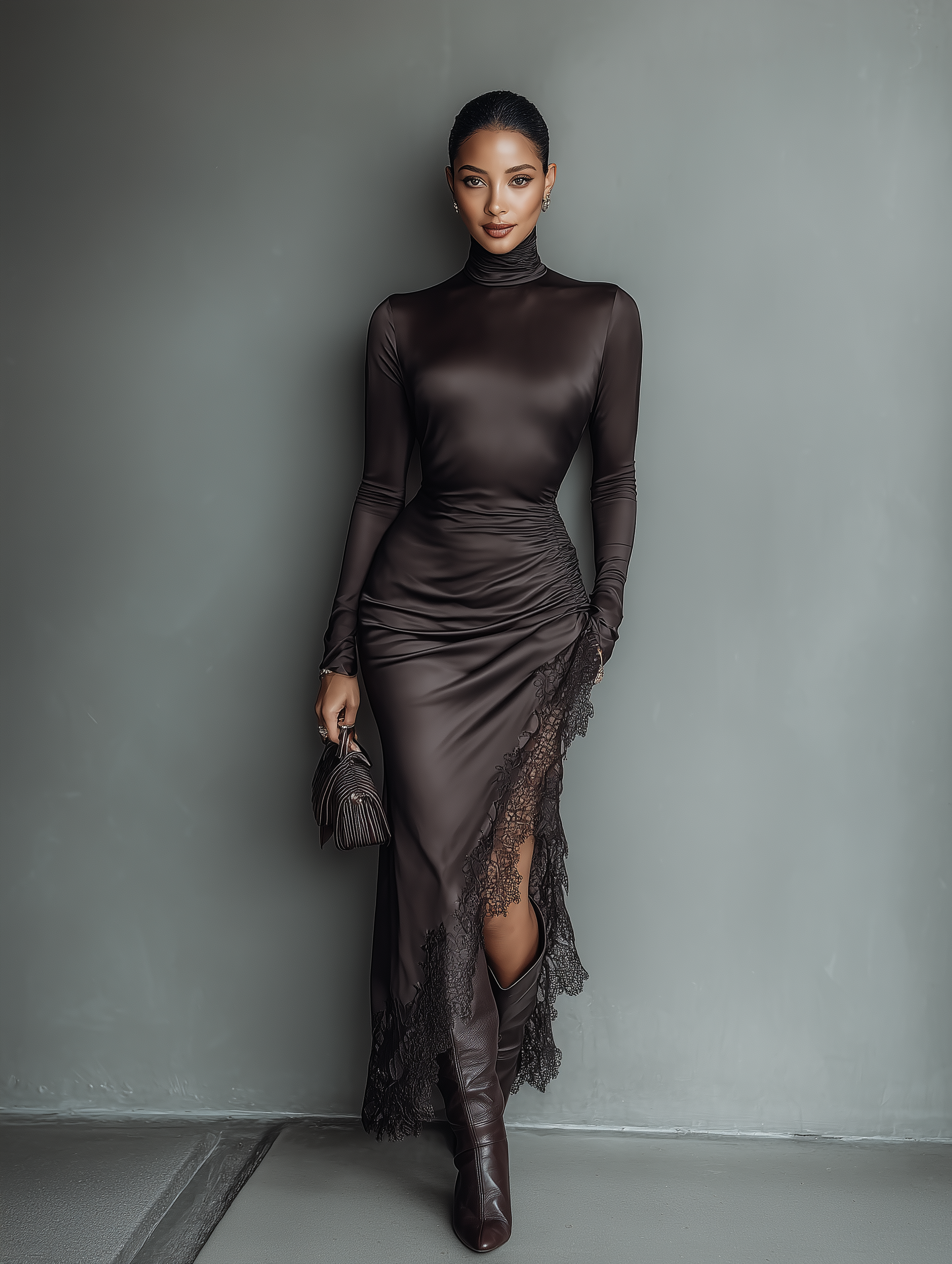 Dark Brown Satin Maxi Dress with Irregular Hem and Lace Details for Women