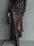 Dark Brown Satin Maxi Dress with Irregular Hem and Lace Details for Women