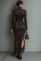 Dark Brown Satin Maxi Dress with Irregular Hem and Lace Details for Women