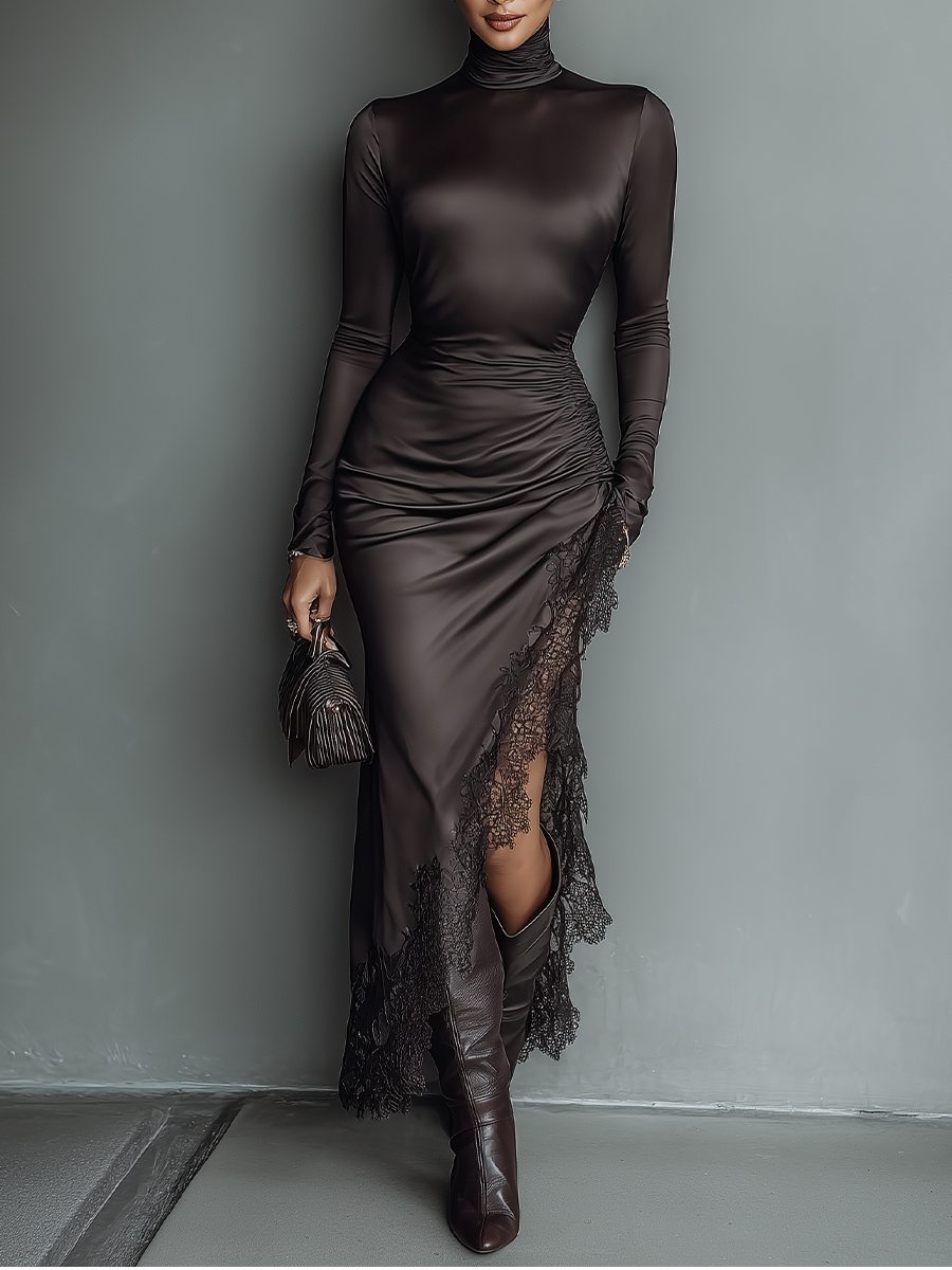 Dark Brown Satin Maxi Dress with Irregular Hem and Lace Details for Women