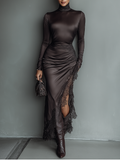 Dark Brown Satin Maxi Dress with Irregular Hem and Lace Details for Women