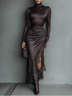 Dark Brown Satin Maxi Dress with Irregular Hem and Lace Details for Women