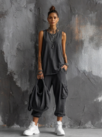 Dark Gray Cotton Blend Sleeveless Top and Jogger Cargo Pants Set for Women