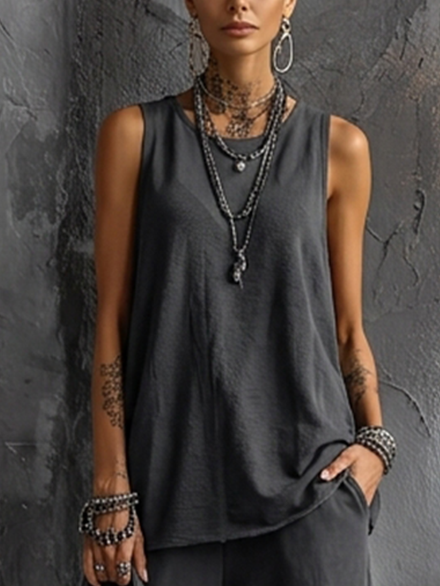 Dark Gray Cotton Blend Sleeveless Top and Jogger Cargo Pants Set for Women