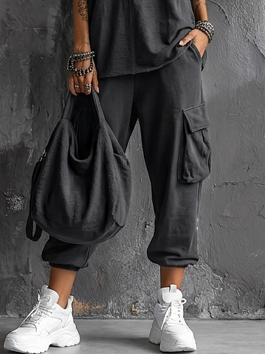 Dark Gray Cotton Blend Sleeveless Top and Jogger Cargo Pants Set for Women