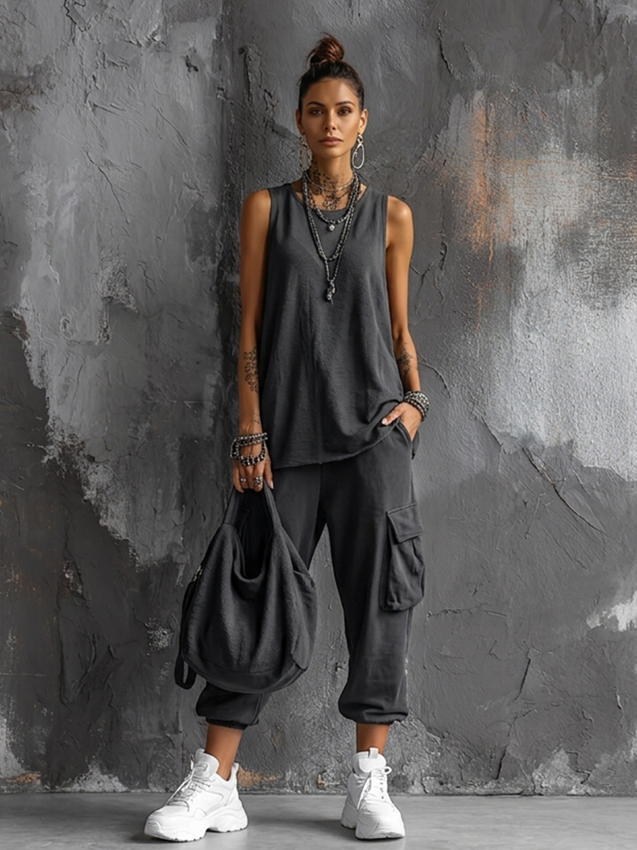 Dark Gray Cotton Blend Sleeveless Top and Jogger Cargo Pants Set for Women