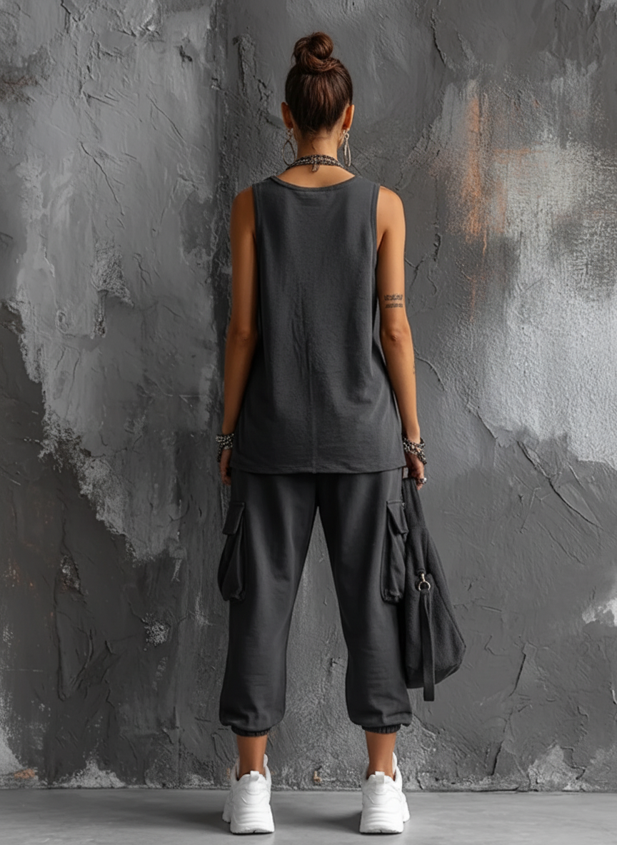Dark Gray Cotton Blend Sleeveless Top and Jogger Cargo Pants Set for Women