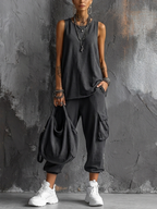Dark Gray Cotton Blend Sleeveless Top and Jogger Cargo Pants Set for Women