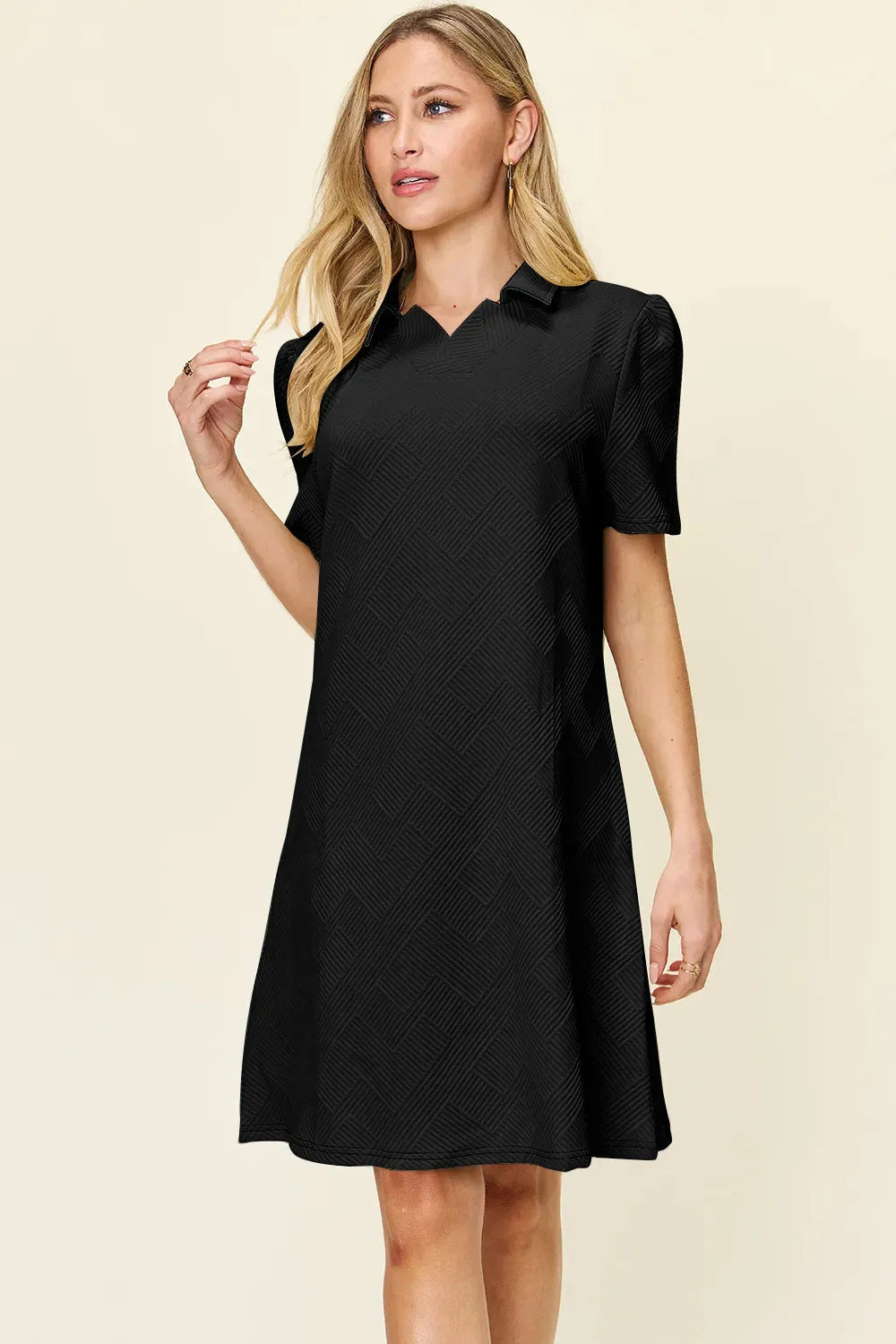 Double Take Full Size Texture Collared Neck Short Sleeve Dress